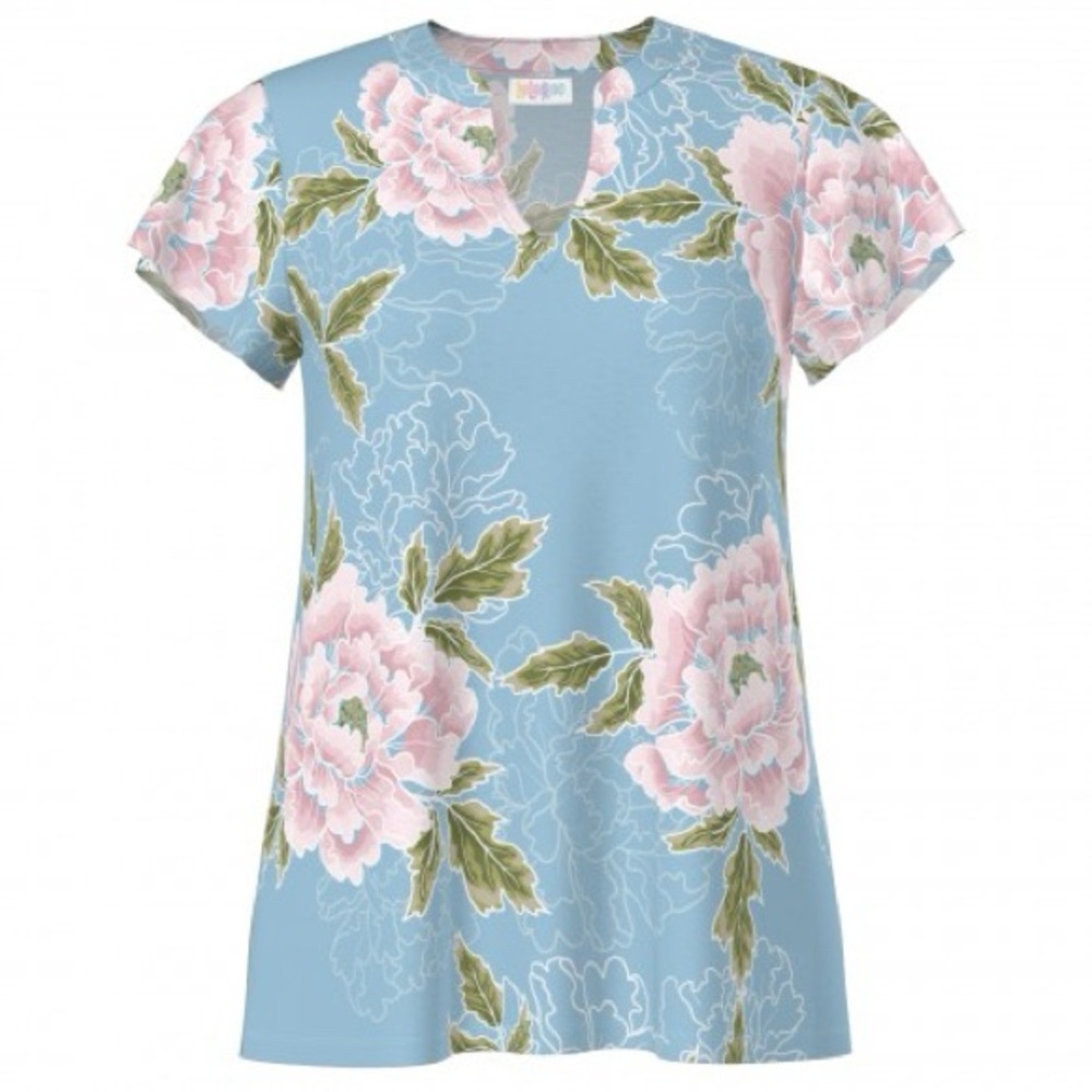 LuLaRoe Layla Blue Pink Floral V-neck Short Sleeve Shirt size 2XL